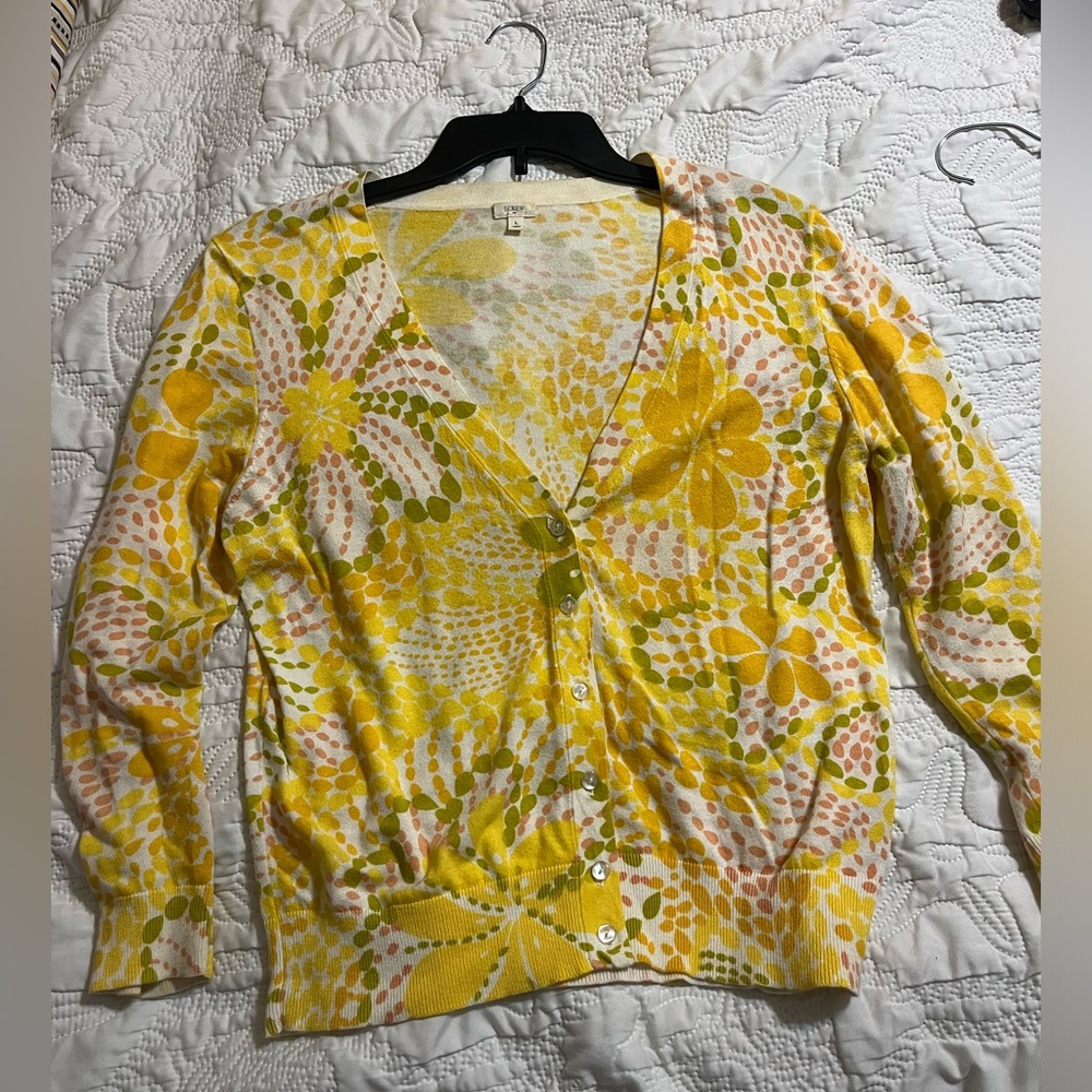 J. Crew Yellow Floral V-Neck Cardigan
